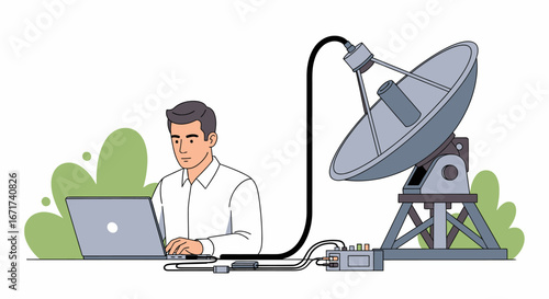 A man in a white shirt uses a laptop connected to a satellite dish, symbolizing remote communication and data transfer.