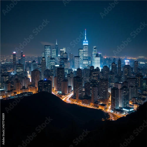 Cityscape at Night: A captivating skyline of a modern city lights up under a deep blue sky at night. Capturing the vibrant energy of urban life and the beauty of architectural design.