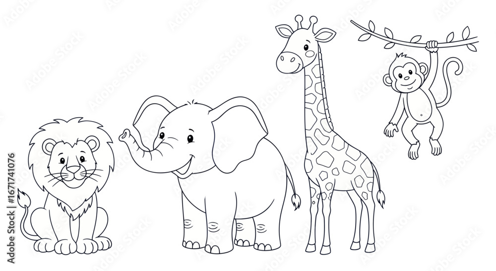 Fototapeta premium Cute cartoon african animals coloring page for kids with lion elephant giraffe and monkey smiling