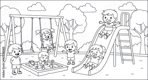 Cheerful children play together at the playground, enjoying swings, slide, and sandbox activities