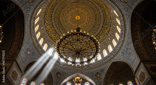 Sunlight streams through the dome of the blue mosque in istanbul, illuminating intricate islamic calligraphy and a grand chandelier