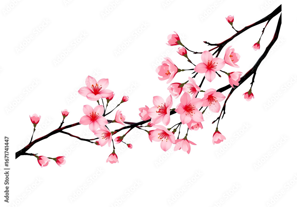 Fototapeta premium A Beautiful New Vector Branch of Pink Sakura Flowers on a Transparent Background, Perfect for Love Cards and Romantic-themed Designs.