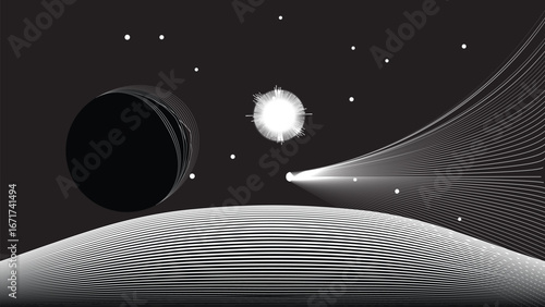Star and moon and comet in outer space. Futuristic landscape, with lines texture . Space landscape with moon and sun . Deep space vector illustration. Vector line art. Star explosion .