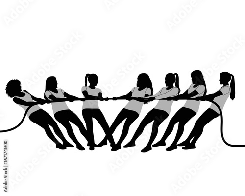 Silhouette of a Diverse Group of Women Participating in a Competitive Tug of War Team Sport, Showcasing Strength, Teamwork, and Athleticism in an Outdoor Fitness Challenge