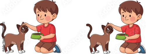 Child, feeding, cat, pet care, compassion, friendship, animal love, outdoor, bonding, kindness, innocence, feline, boy, food bowl, gentle touch, domestic animal, childhood moment