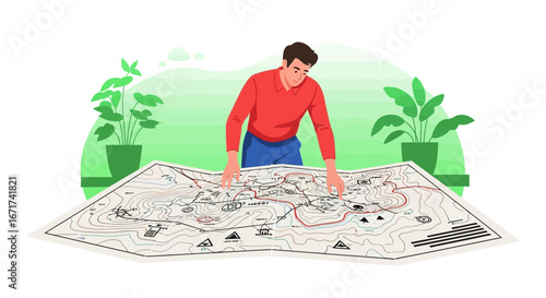 Man Studying A Topographic Map with Mountain Trails and Hiking Routes