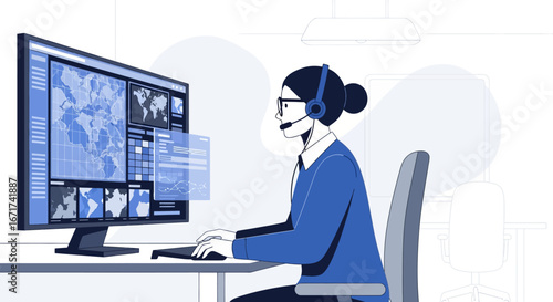 Customer service representative with headset working on computer with global map displayed on screen