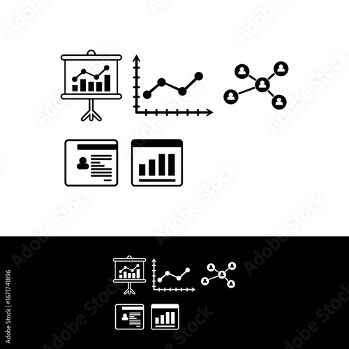 Black and white icon set depicting business, data, and networking concepts.