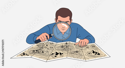 Man studying a topographic map with a magnifying glass, planning an adventure or exploration route