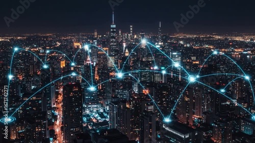 Wallpaper Mural Smart digital city with connection network reciprocity over the cityscape . Concept of future smart wireless digital city and social media networking systems that connects people within the city .  Torontodigital.ca