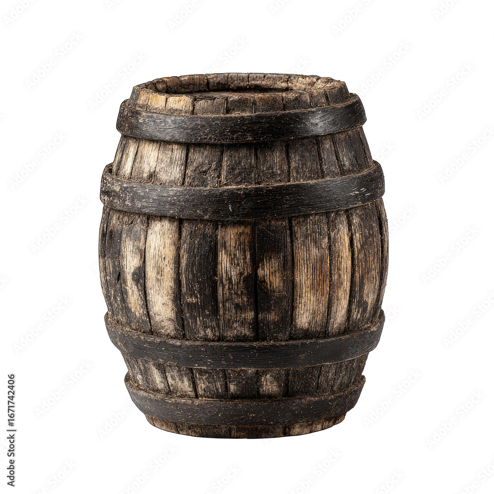 Obraz premium Aged wooden barrel, dark gray/brown wood, circular shape, sturdy bands of dark material around the barrel