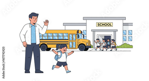 Child Going to School with Parent and School Bus