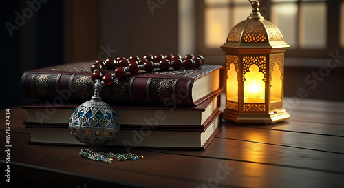 Islamic holy books, prayer beads, and a lantern on a wooden table, symbolizing faith and spirituality