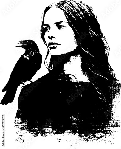 Mysterious goth girl with raven in grunge black and white art design