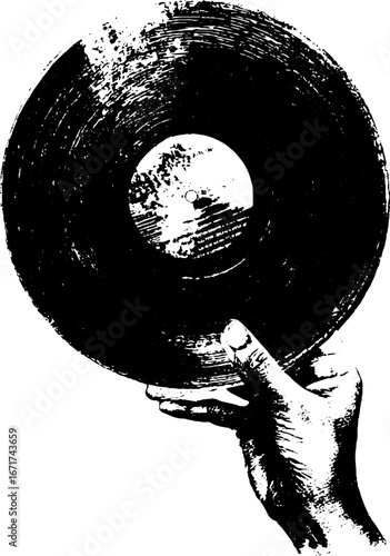 Grunge black and white vinyl record hand illustration for music design