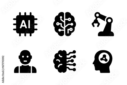 Modern ai and robotics icons: brain, chip, robot arm, human interaction, neural network