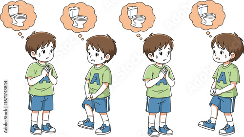 Child, toilet, urgency, bathroom, illustration, cartoon, potty, training, health, education, emotional, expression, kid, restroom, awareness, drawing, parenting, hygiene, behavior, development