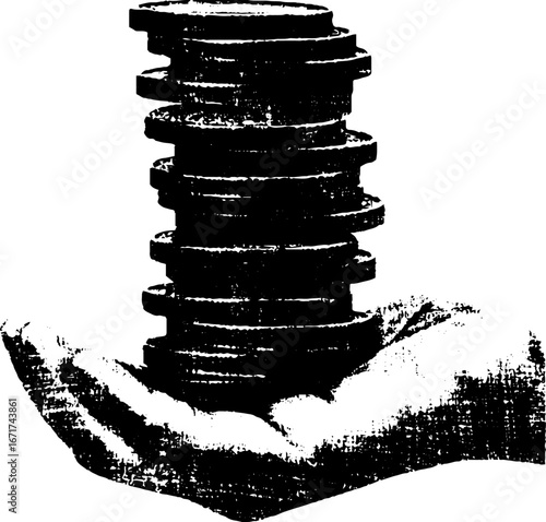 Grunge black and white illustration of a hand holding a stack of coins for retro and vintage designs