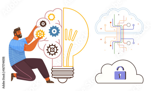 Person adjusting gears in lightbulb for innovation. Digital cloud structure, circuits, and lock emphasize technology, creativity, collaboration, problem-solving, security and data management. Ideal