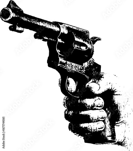 Grunge black and white hand holding revolver concept illustration for urban art and design