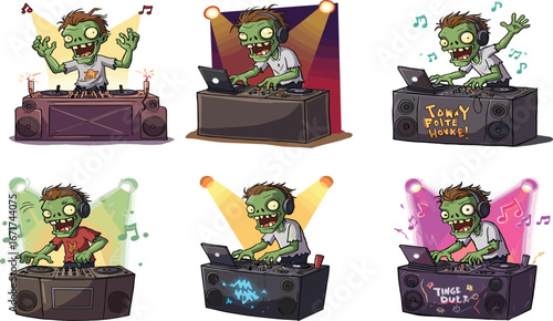 Zombie DJ party, undead music performance, cartoon disc jockey, spooky rave, Halloween dance night, funny monster DJ, club lights, horror beat drop, nightclub zombie illustration