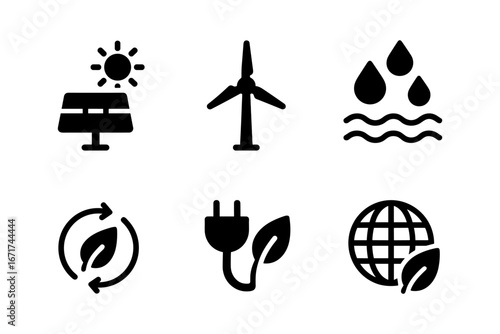 Set of renewable energy icons: solar, wind, water, and eco-friendly symbols in minimalist style