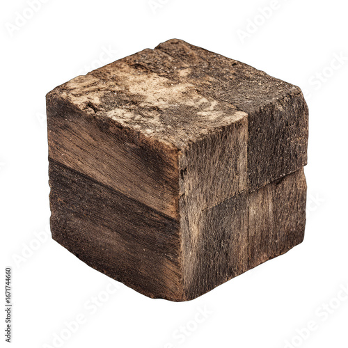 Close-up of a rustic wooden cube.  Dark brown wood, with visible wood grain patterns.  Jagged edges and visible sectional construction