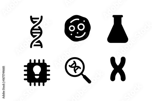 Science icons: dna, cell, laboratory flask, microchip, magnifying glass, chromosome