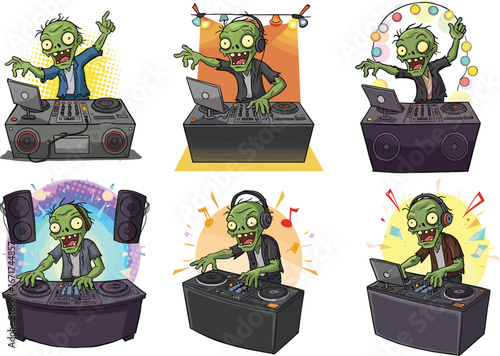 Photos Zombie DJ characters performing at DJ decks, undead party music concept, cartoon