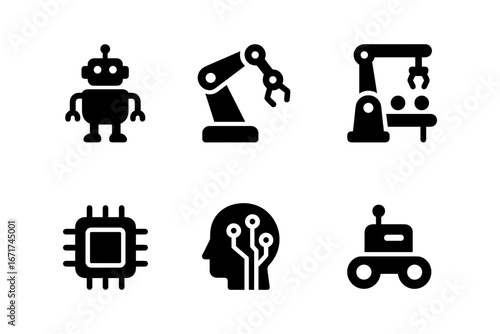 Icon set featuring robotics and ai technology in simple silhouette style