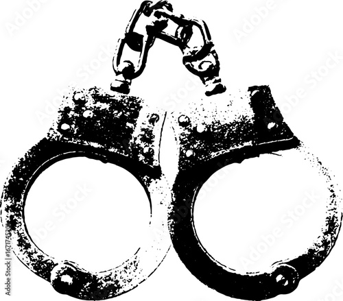 Grunge black and white illustration of handcuffs for urban art and design