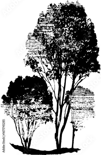Grunge black and white silhouette of haunted forest for halloween design