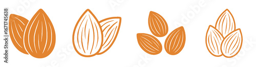 A minimalist illustration features four clusters of stylized almonds in warm orange hues, each with a unique hand-drawn texture and outline.