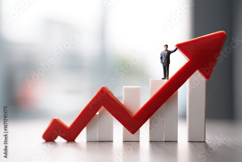Miniature businessman standing on an arrow atop a bar graph symbolizing growth