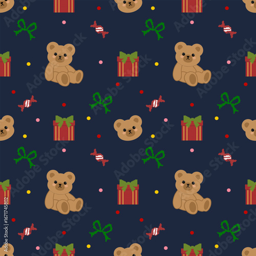 seamless pattern with bears on navy background,  christmas vector, santa claus, xmas illustration, holiday sale, greeting card, new year background