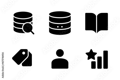 Minimalist icon set: database, book, user, tags, and analytics