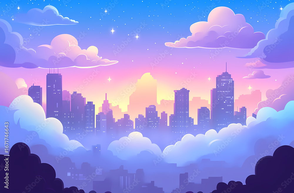 Fototapeta premium Pastel Cityscape Above the Clouds at Dawn