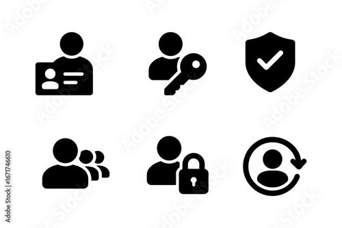 User access and security icons: profile, key, shield, group, lock, and user reload symbols