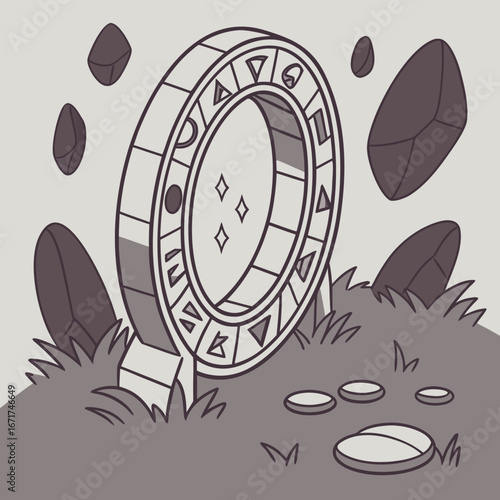 Mystical Portal Logo Design Ancient Wheel with Floating Stones, Modern Magical Icon