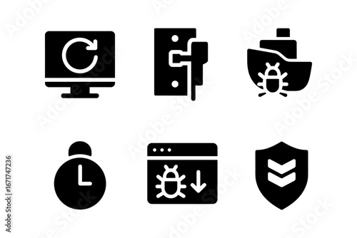 Cybersecurity icons set featuring bugs, locks, and shields in minimalist style