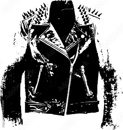 Grunge black and white leather jacket illustration with spiked design for urban fashion