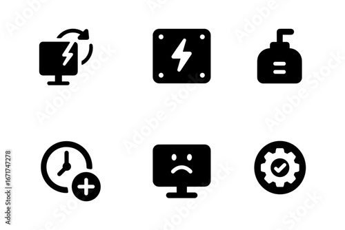 Essential tech icons: power, settings, and time management symbols