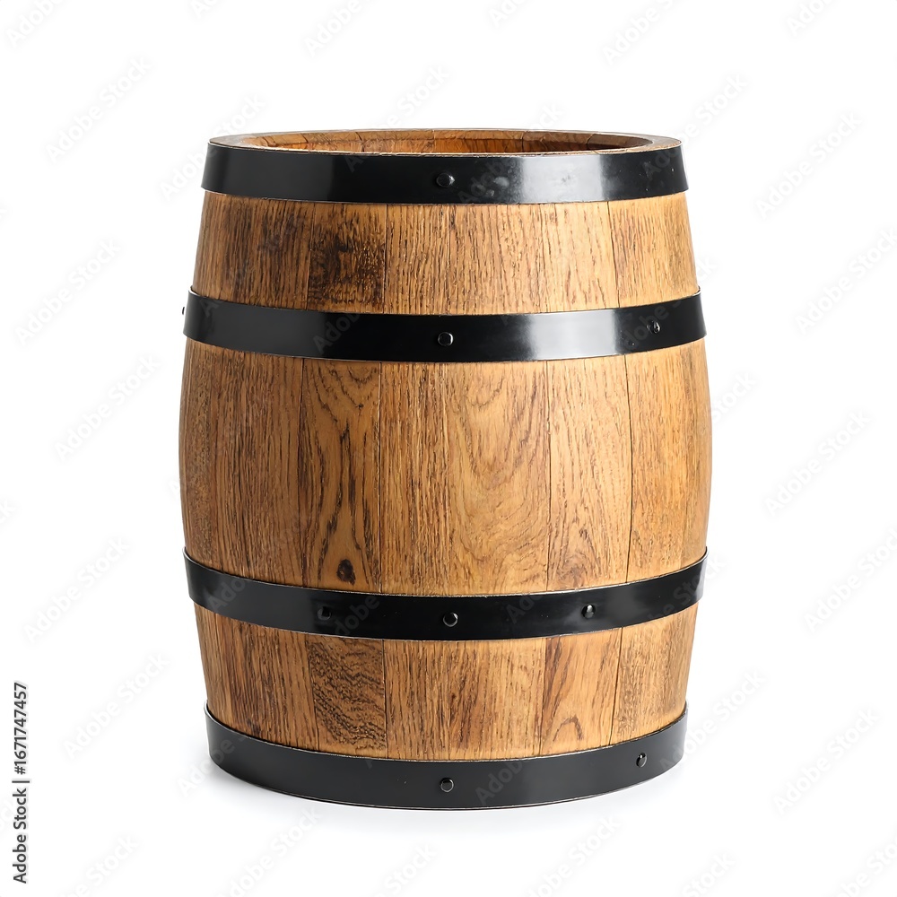 Obraz premium A full, light brown wooden barrel with black metal hoops stands on a plain white background.