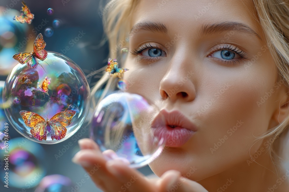 Young woman blowing bubbles with colorful butterflies in a dreamy outdoor setting Young woman blowing bubbles with colorful butterflies in a dreamy outdoor setting