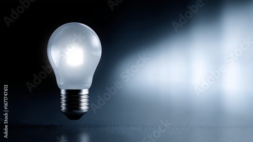 A glowing light bulb shines in darkness. Its luminous glow symbolizes innovation and creativity. Perfect for illustrating ideas and inspiration in design. AI