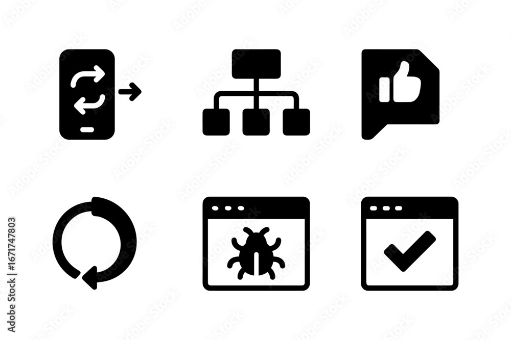 Silhouette icons: mobile connectivity, workflow, feedback, refresh, bug fix, verification Silhouette icons: mobile connectivity, workflow, feedback, refresh, bug fix, verification