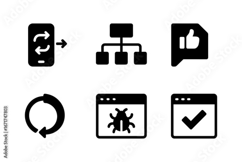 Silhouette icons: mobile connectivity, workflow, feedback, refresh, bug fix, verification