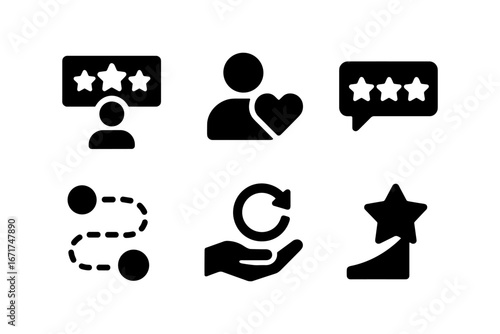 Black and white customer experience icons set for feedback and quality