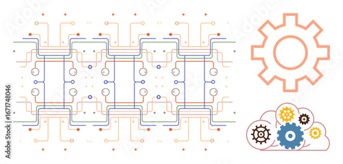 Abstract circuit board patterns and interconnected system lines complemented by gear and cogwheel elements. Ideal for technology, automation, innovation, system integration, mechanics, digital