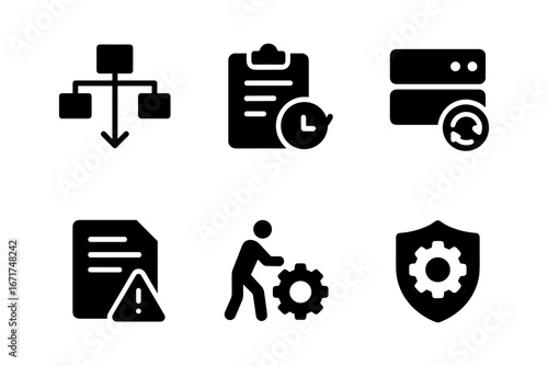 Black silhouette icons of data management and system administration tools